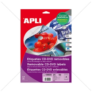 Imagem de ETIQUETAS A4 BRANCAS PARA CD/DVD 117MM APLI 10601 (CAIXA 25FOLHAS=50ETIQUETAS)